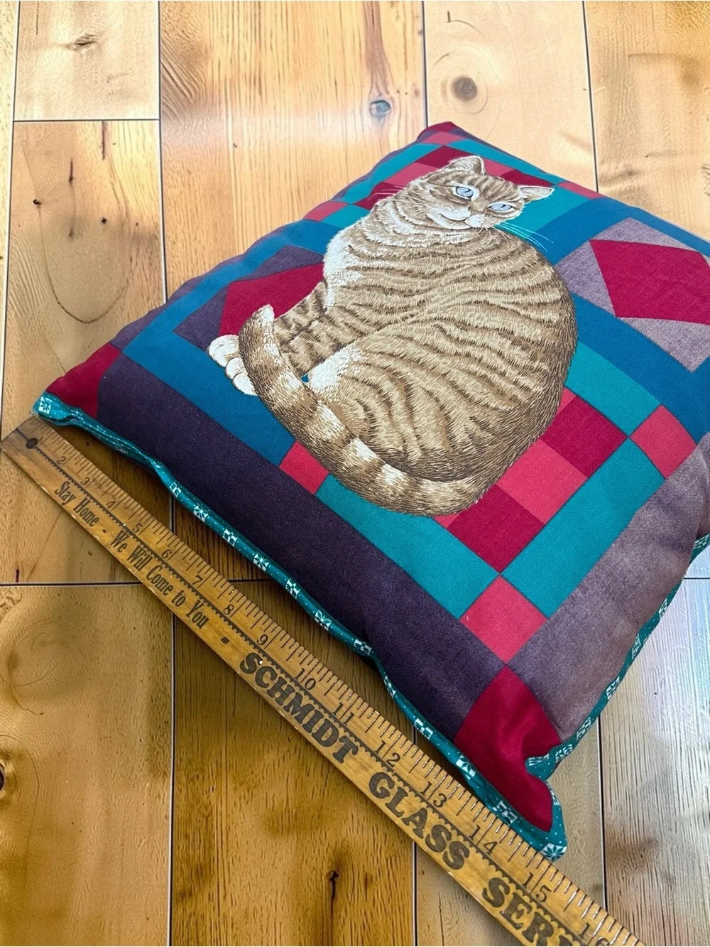 Vintage 90s Cat Throw Pillow Blue Eyed Tabby Patchwork Cottagecore